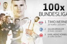 Timo Verner Bundesligada 100 ta o'yin o'tkazgan Germaniya chempionatining eng yosh futbolchisi